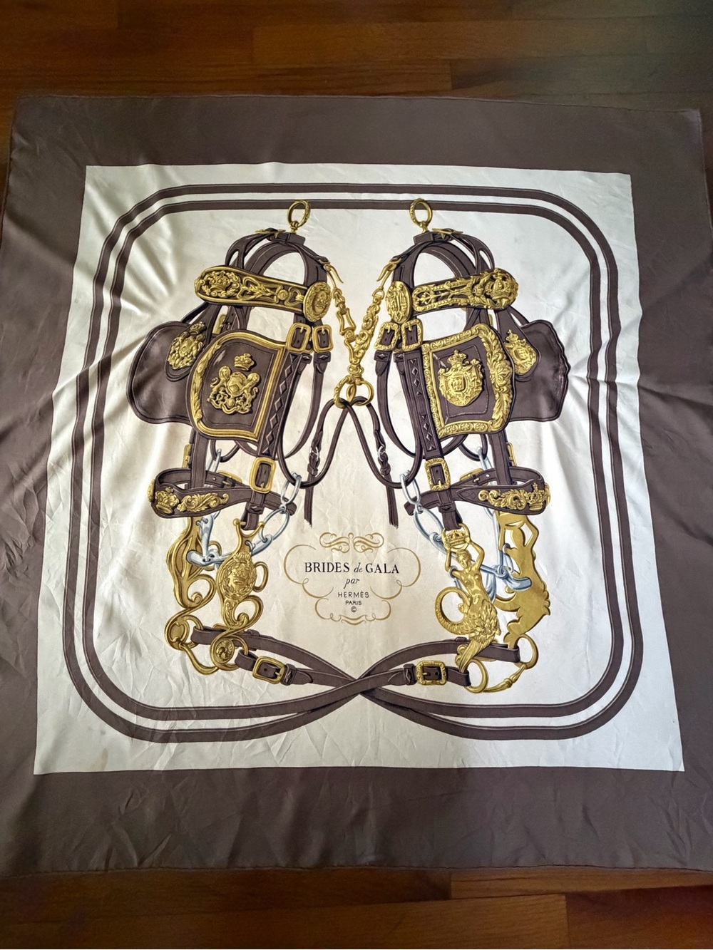 Hermes Brides de Gala Par Silk Scarf with Brown and Gold Harness Motif.